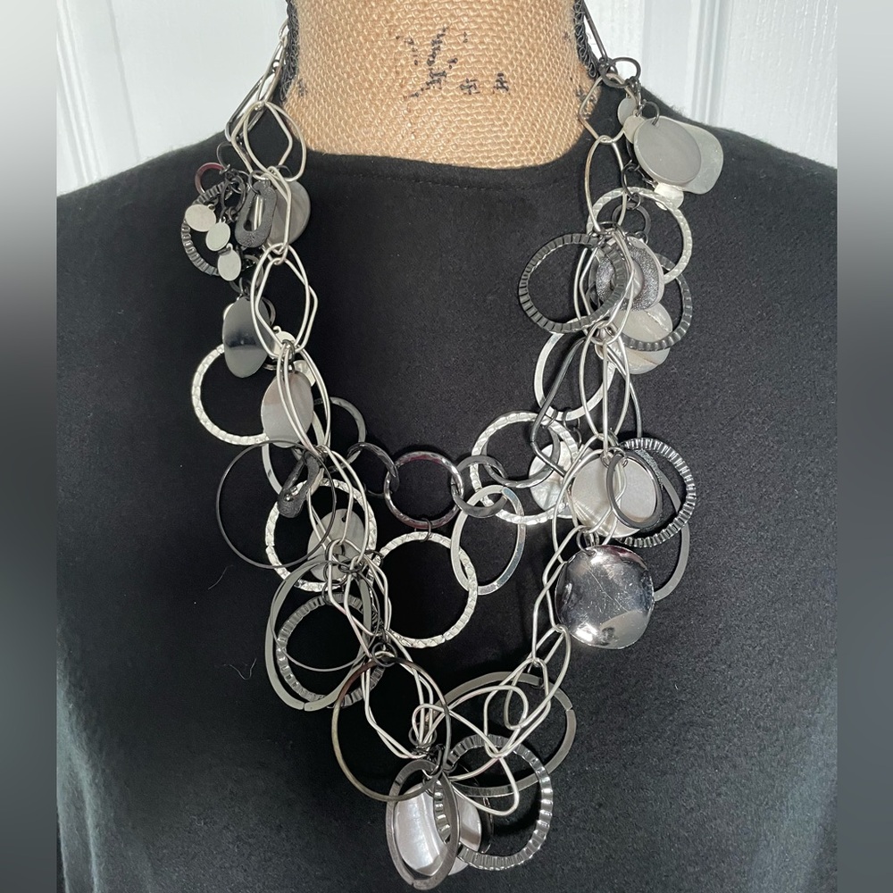 Chico's Black and Silver Statement Necklace with Interlocking Rings